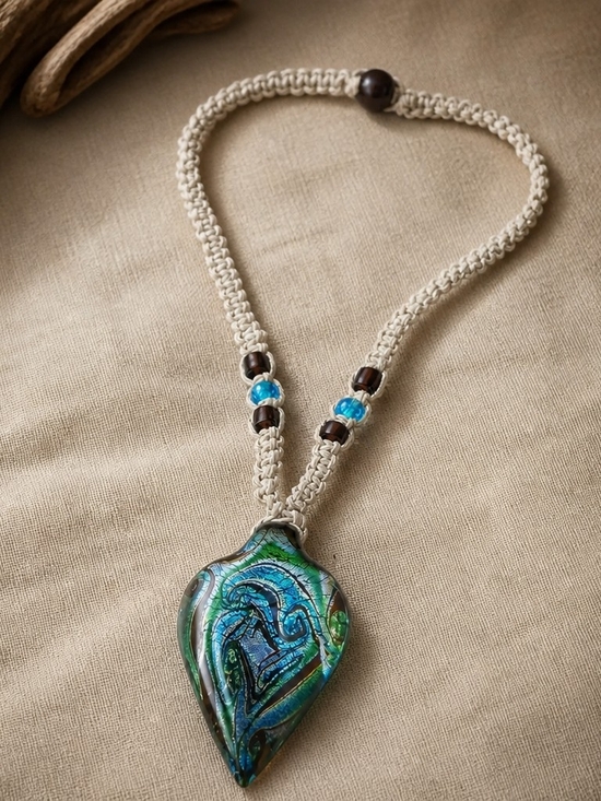 Jewelry - Blue-Green Glass Pendant Necklace with Macramé Cord